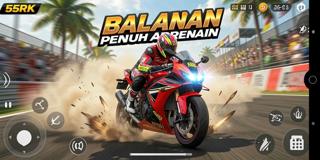 Screenshot 55RK menampilkan aksi balapan motor yang menggetarkan.