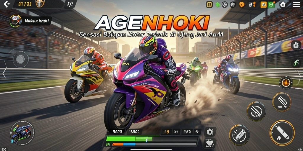 Screenshot gameplay AGENHOKI dengan balapan motor yang intens.