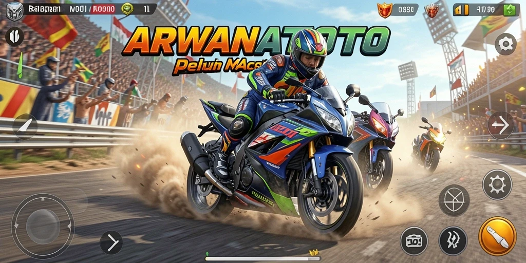 Screenshot dari gameplay ARWANATOTO dengan aksi balapan motor yang mendebarkan.