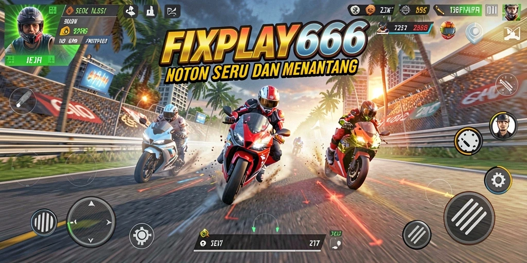 Gameplay FIXPLAY666 dengan motor balap cepat dan lintasan yang menantang.