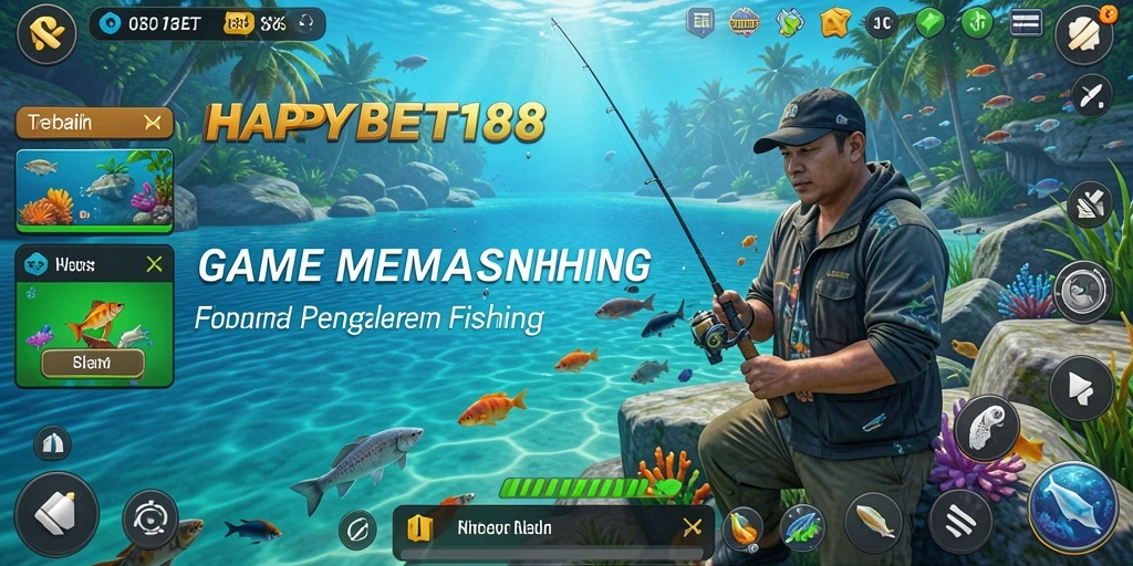 Tangkapan layar gameplay <strong>HAPPYBET188</strong> menampilkan aksi memancing yang seru dan realistis.