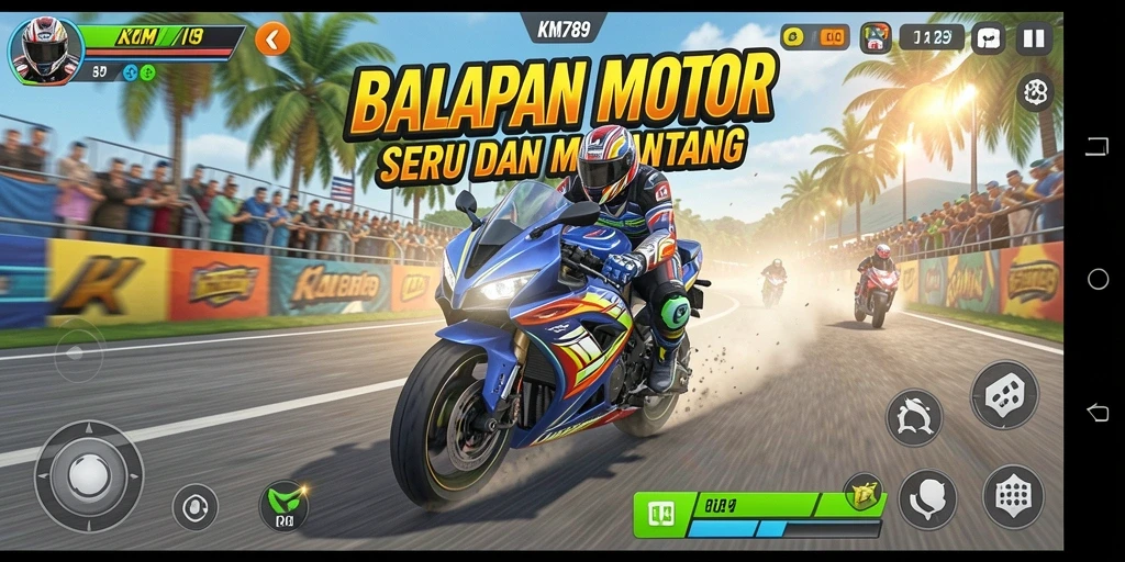 Gameplay KM789 yang seru dan penuh aksi saat balapan motor.
