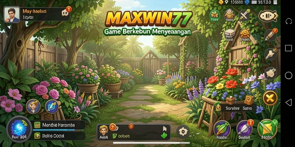 Tampilan gameplay <strong>MAXWIN77</strong> saat merawat kebun yang indah dan berwarna-warni.