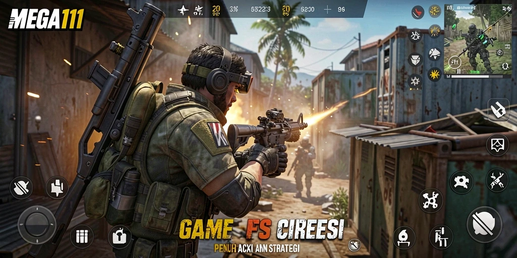 Screenshot gameplay MEGA111 menampilkan aksi tembak-menembak yang intens.