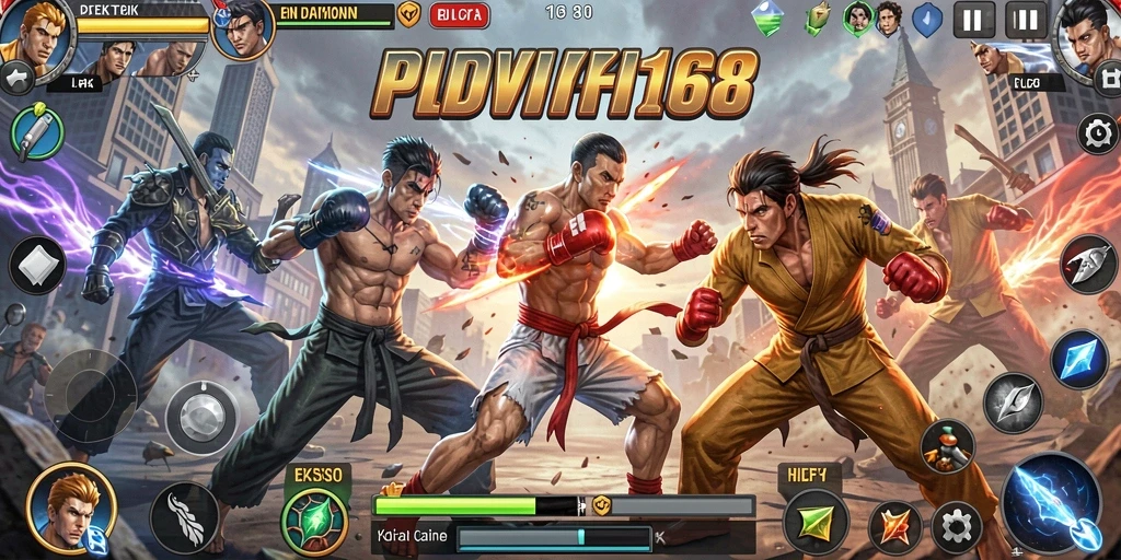 Screenshot utama PREDIKSI168 menampilkan aksi pertarungan yang intens dan karakter unik.