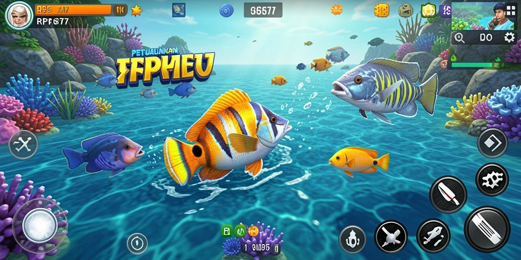 Gameplay menembak ikan yang seru dan penuh warna.