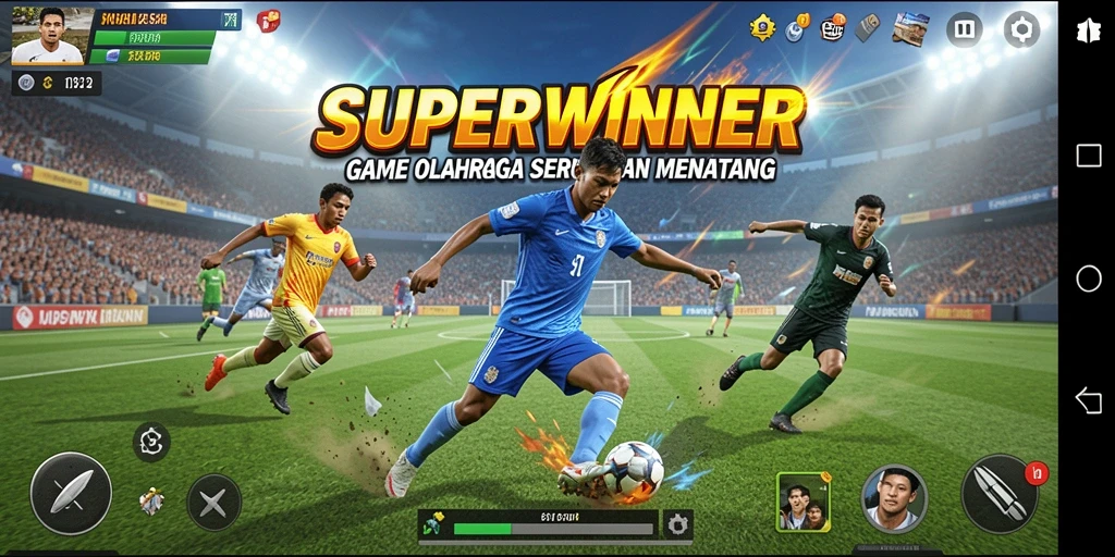 Tampilan gameplay SUPERWINNER yang mengasyikkan di arena olahraga.